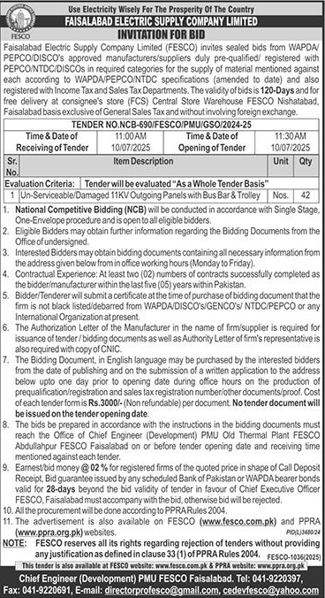 Faisalabad Electric Supply Company Limited Faisalabad Tender Notice